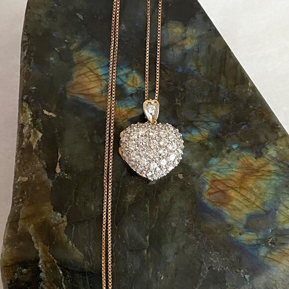 Gold Vermeil Sterling Silver 925 Pave Puffy Heart Locket Pendant Necklace 18" - Picture 5 of 16